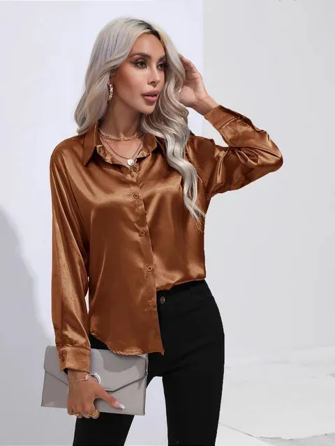 Luxe Satin Elegance - Women's Relaxed Fit Button-Up Blouse