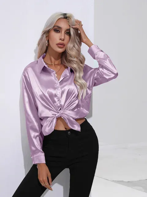 Luxe Satin Elegance - Women's Relaxed Fit Button-Up Blouse
