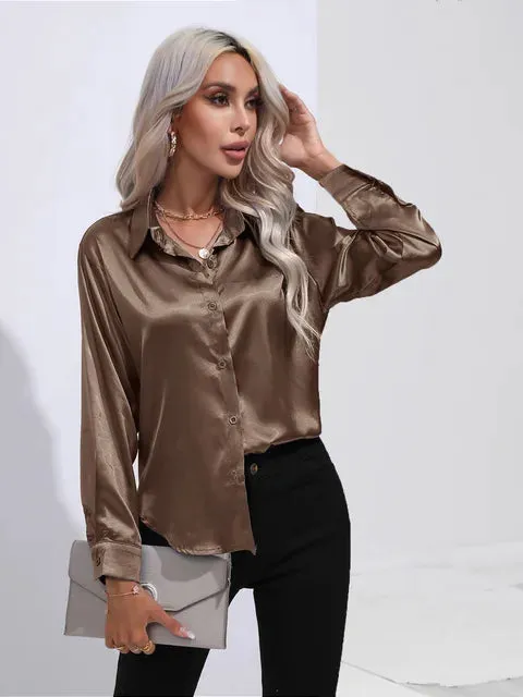 Luxe Satin Elegance - Women's Relaxed Fit Button-Up Blouse