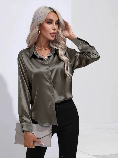 Luxe Satin Elegance - Women's Relaxed Fit Button-Up Blouse