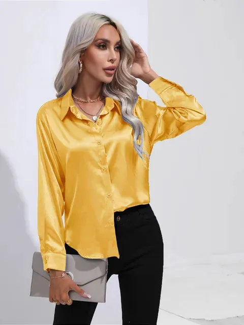 Luxe Satin Elegance - Women's Relaxed Fit Button-Up Blouse