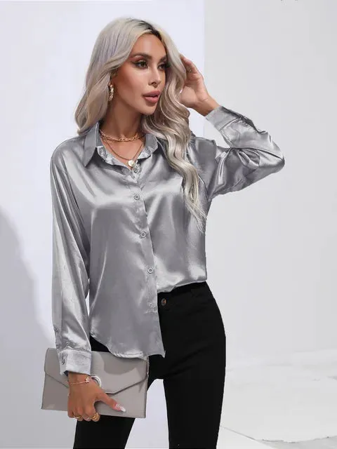Luxe Satin Elegance - Women's Relaxed Fit Button-Up Blouse
