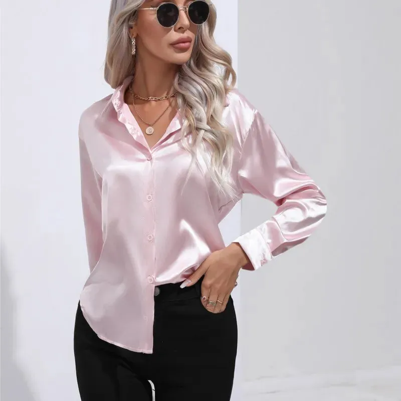 Luxe Satin Elegance - Women's Relaxed Fit Button-Up Blouse