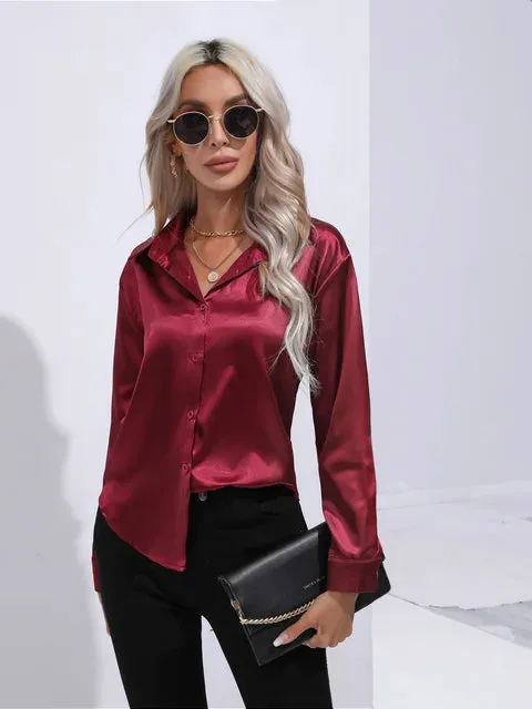 Luxe Satin Elegance - Women's Relaxed Fit Button-Up Blouse