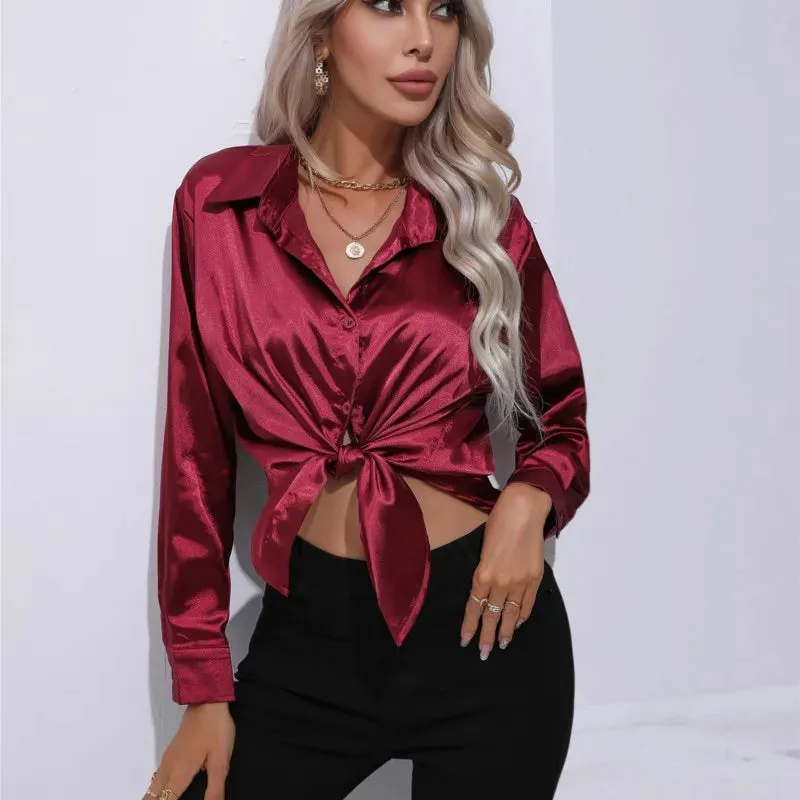 Luxe Satin Elegance - Women's Relaxed Fit Button-Up Blouse