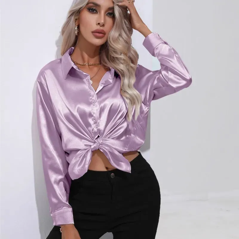 Luxe Satin Elegance - Women's Relaxed Fit Button-Up Blouse