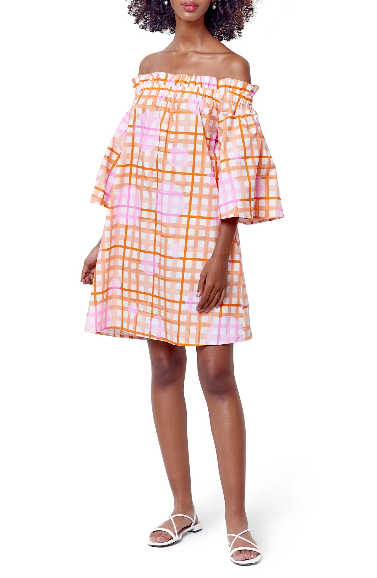 MARY OFF THE SHOULDER RUFFLE DRESS - Plaid print
