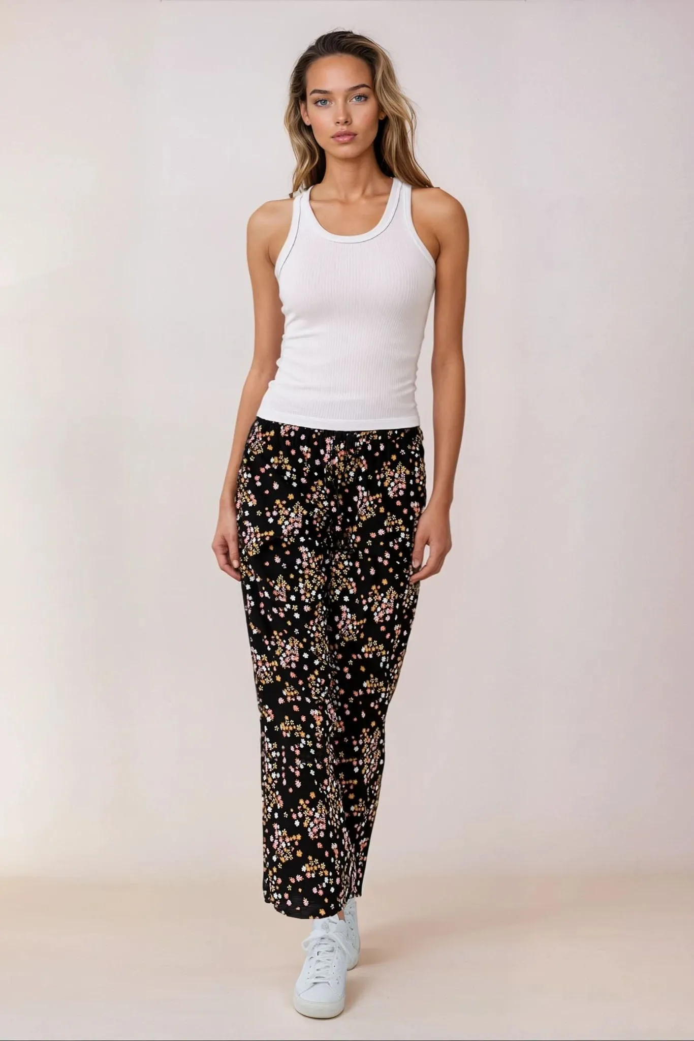 Next Black Floral Wide Leg Trousers