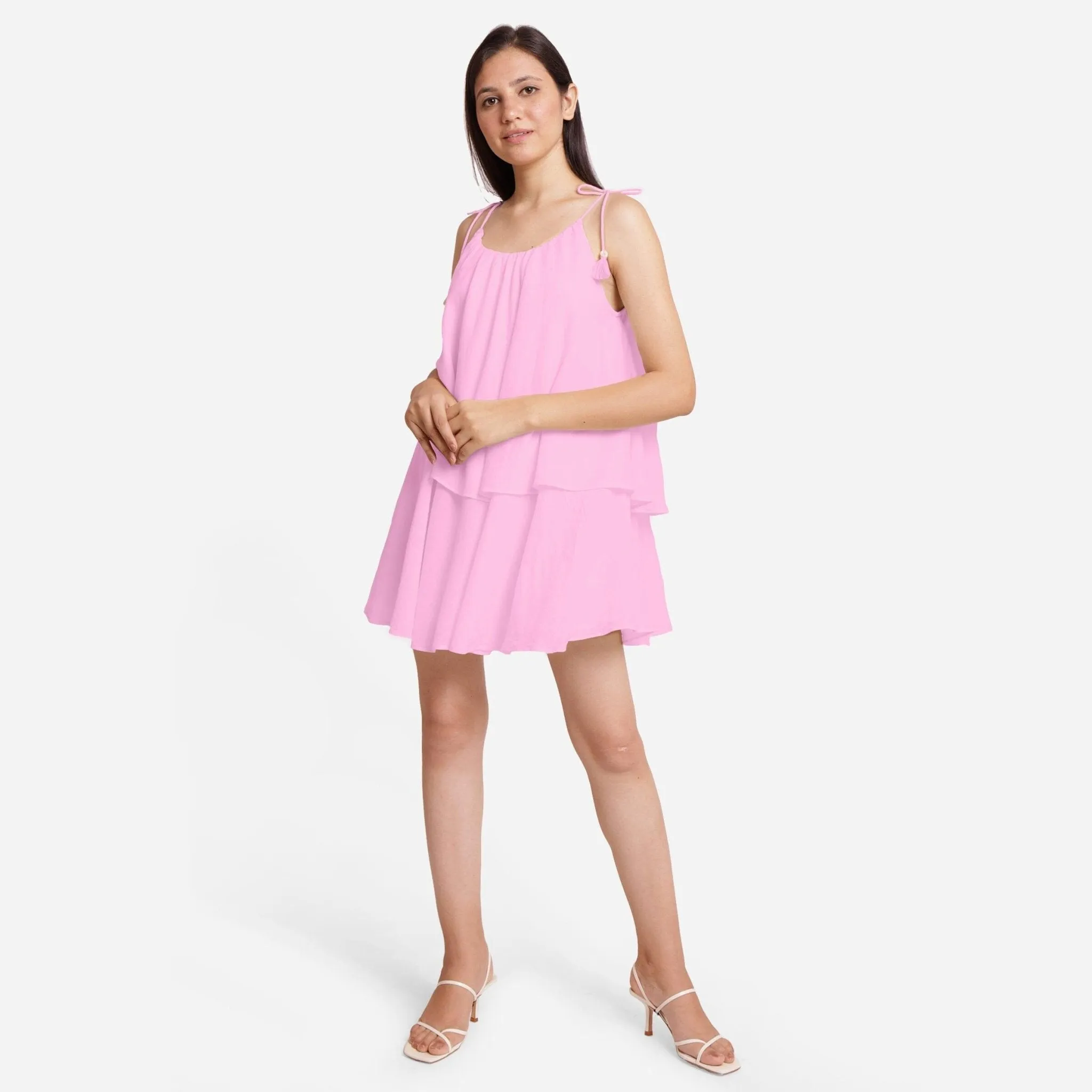 Pink 100% Cotton Tie-Up Shoulder Tier Mini Dress