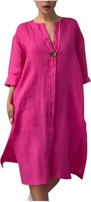 Plus Size Cotton Linen Dress Women's Summer Loose V Neck Vintage 3/4 Sleeve Baggy Lightweight Casual Solid Midi Dress
