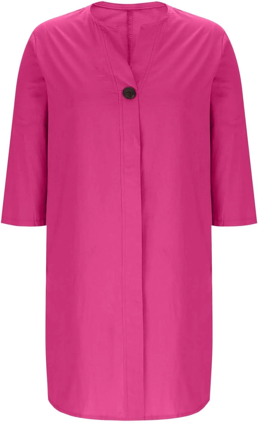 Plus Size Cotton Linen Dress Women's Summer Loose V Neck Vintage 3/4 Sleeve Baggy Lightweight Casual Solid Midi Dress