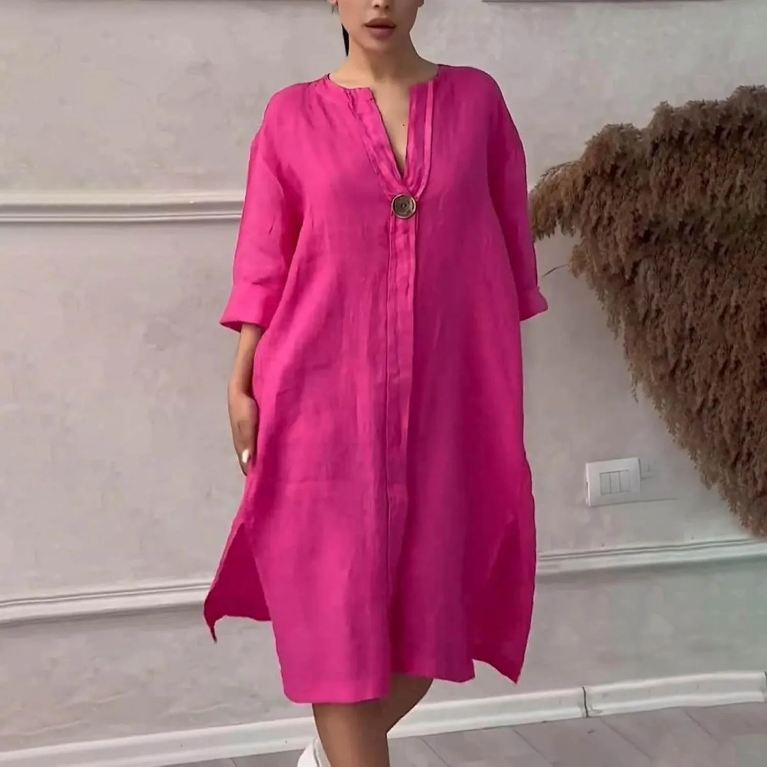 Plus Size Cotton Linen Dress Women's Summer Loose V Neck Vintage 3/4 Sleeve Baggy Lightweight Casual Solid Midi Dress