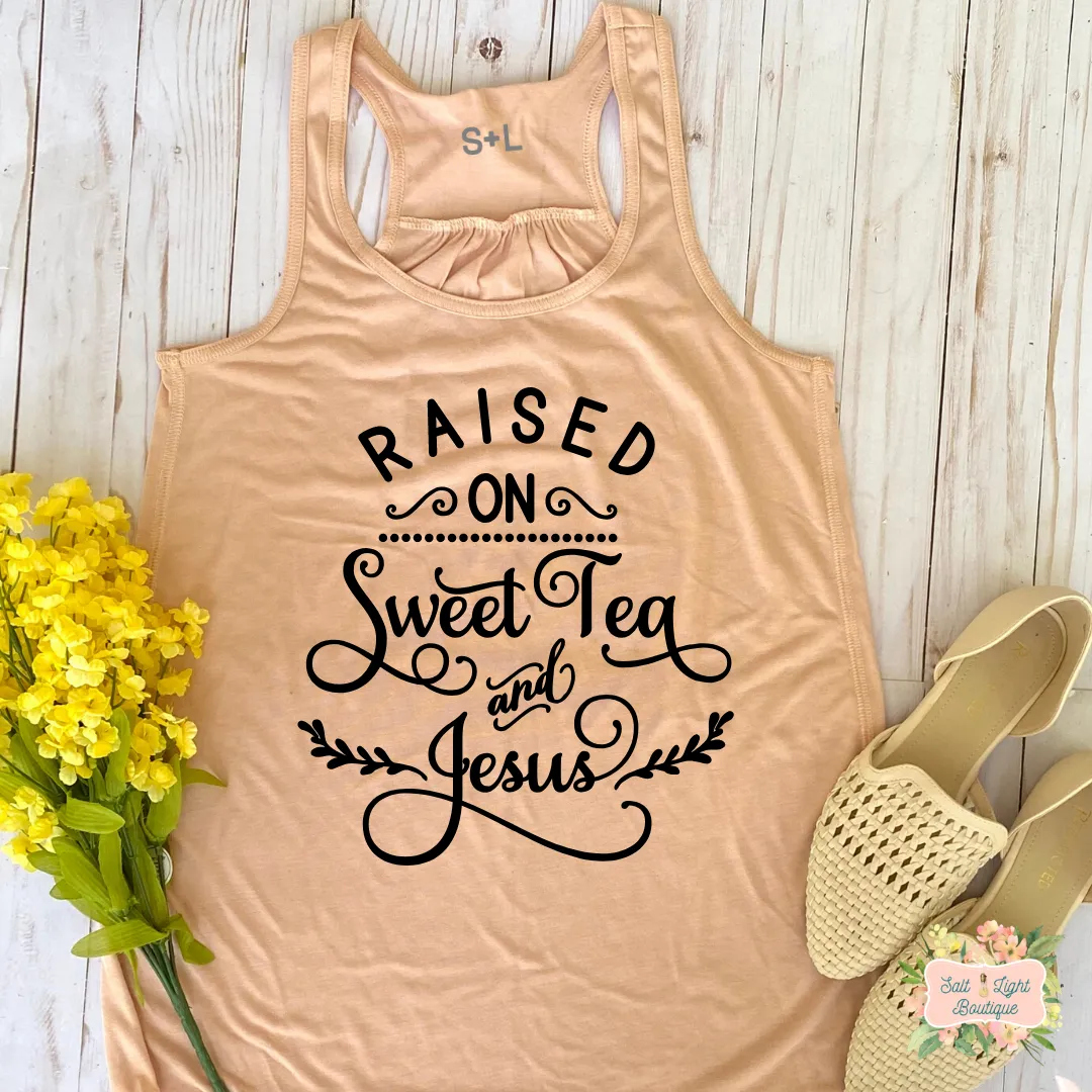 RAISED ON SWEET TEA & JESUS | WOMEN'S RACERBACK TANK