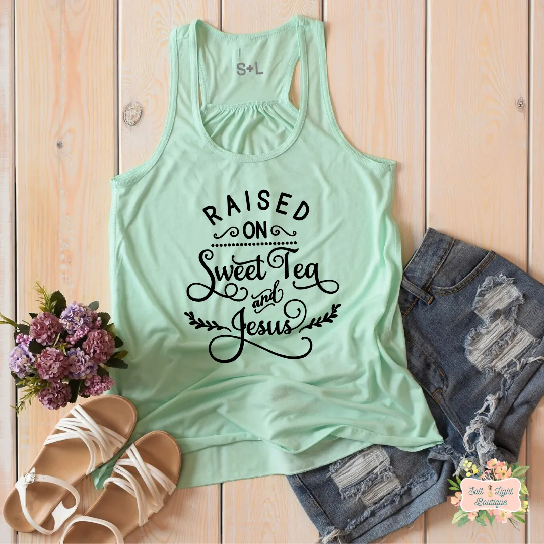 RAISED ON SWEET TEA & JESUS | WOMEN'S RACERBACK TANK