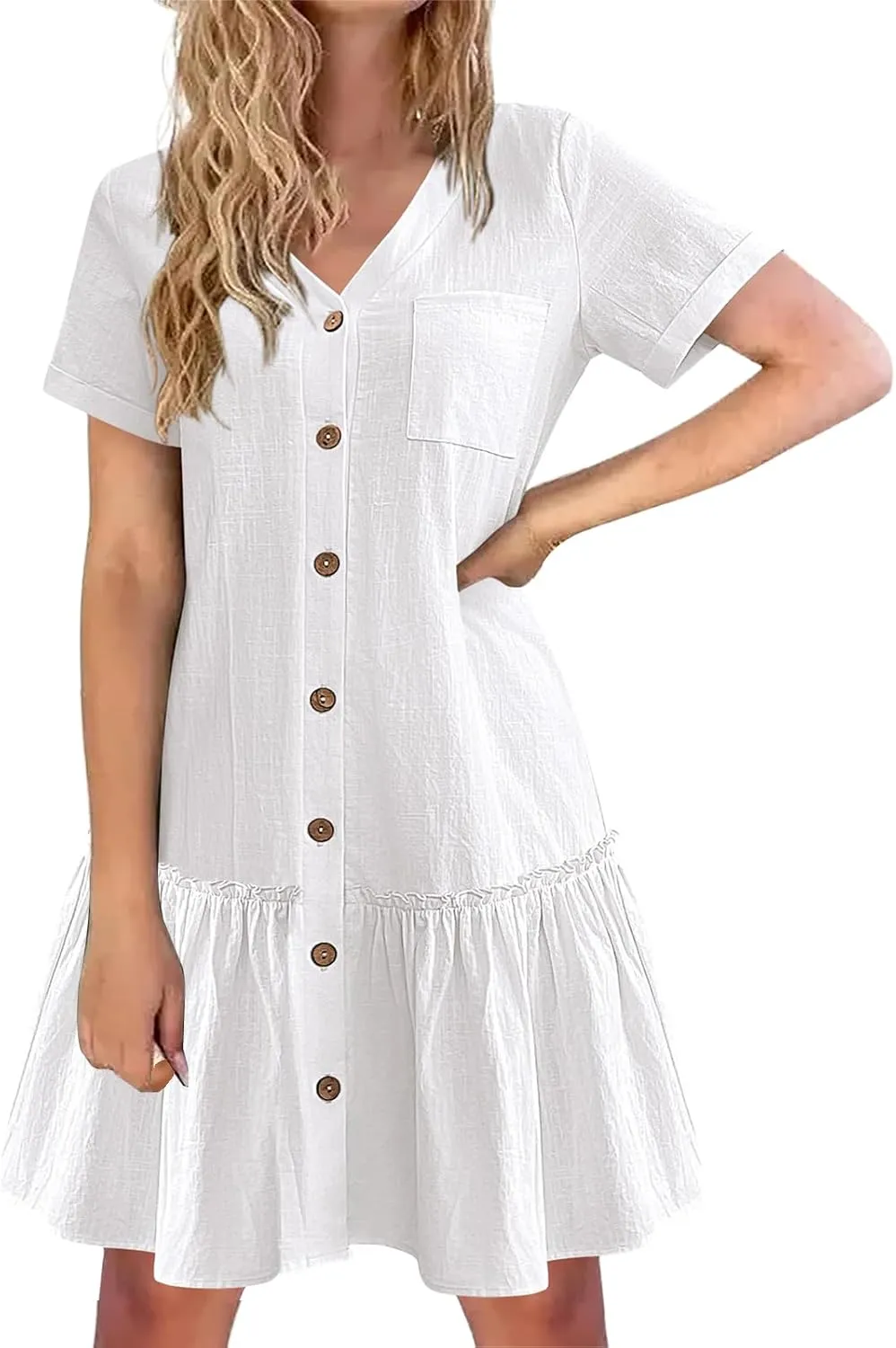 Short Sleeve Button Down Midi Dress for Women Summer V Neck A Line Beach Casual Dresses Mini T Shirt Ruffle Sundress