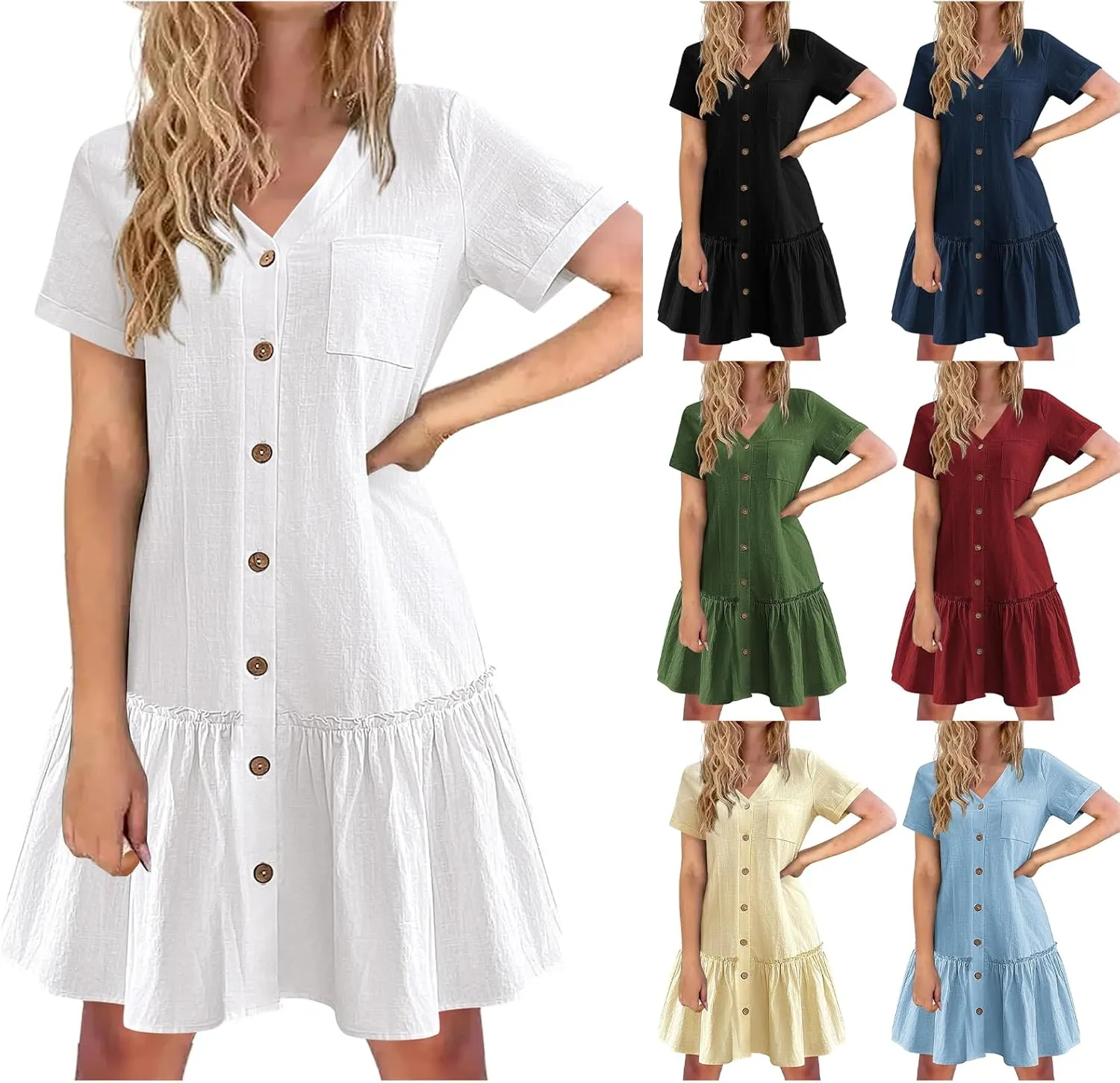 Short Sleeve Button Down Midi Dress for Women Summer V Neck A Line Beach Casual Dresses Mini T Shirt Ruffle Sundress