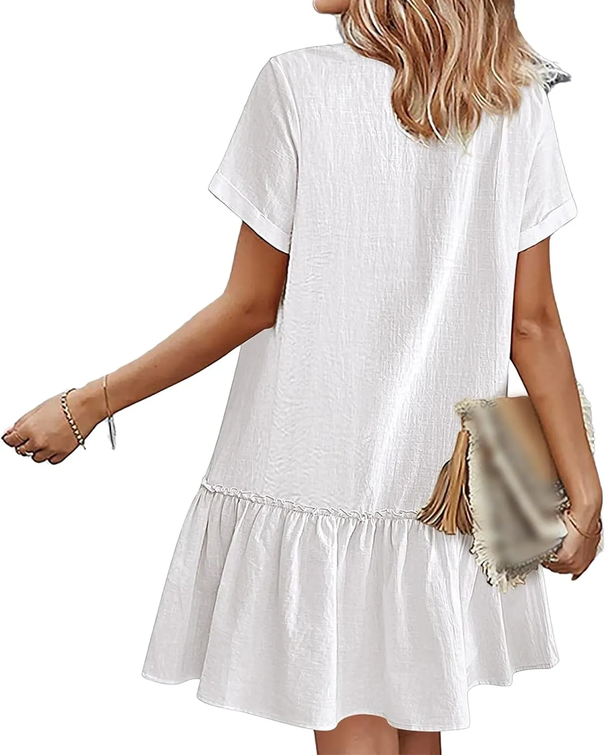 Short Sleeve Button Down Midi Dress for Women Summer V Neck A Line Beach Casual Dresses Mini T Shirt Ruffle Sundress