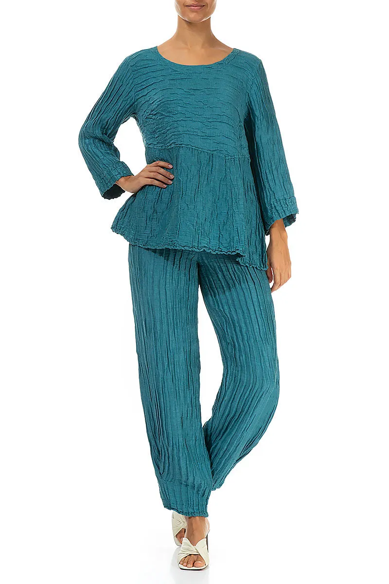 Soft-Shaped Turquoise Crinkled Silk Linen Blouse