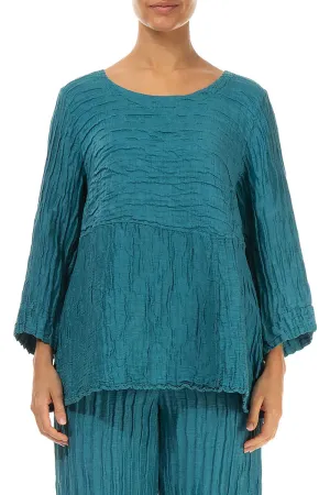 Soft-Shaped Turquoise Crinkled Silk Linen Blouse