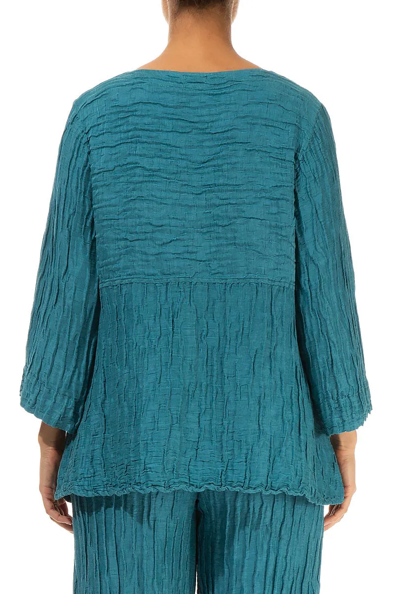 Soft-Shaped Turquoise Crinkled Silk Linen Blouse