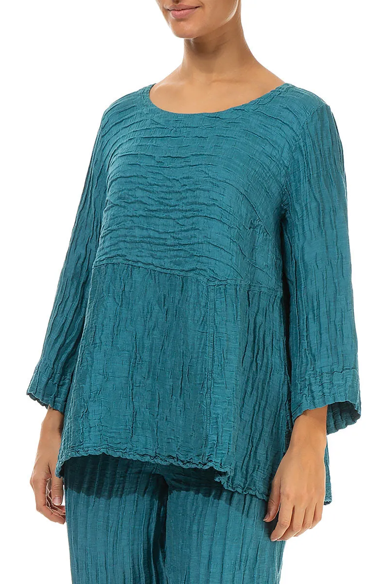 Soft-Shaped Turquoise Crinkled Silk Linen Blouse