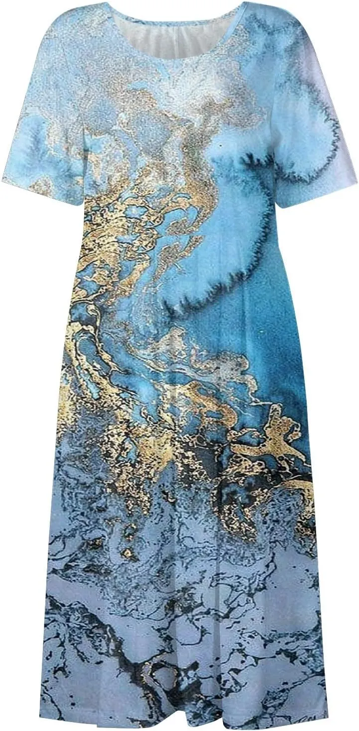 Spring Dresses for Women 2025 Short Sleeve Crew Neck Floral Long Flowy Dress Summer Dresses for Women 2025 Going Out Dress