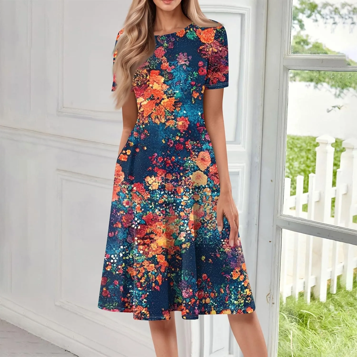 Summer Dresses for Women 2025 Beach Vacation Elegant A Line Dress Side Pockets Crewneck Short Sleeve Midi Sun Dress