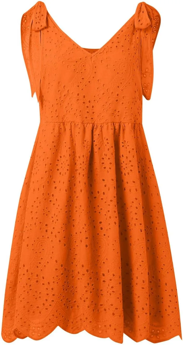 Summer Dresses for Women Tie Front Smocked Dress Empire Waist Ruffle Tiered Sundress Casual Swing Mini Dresses