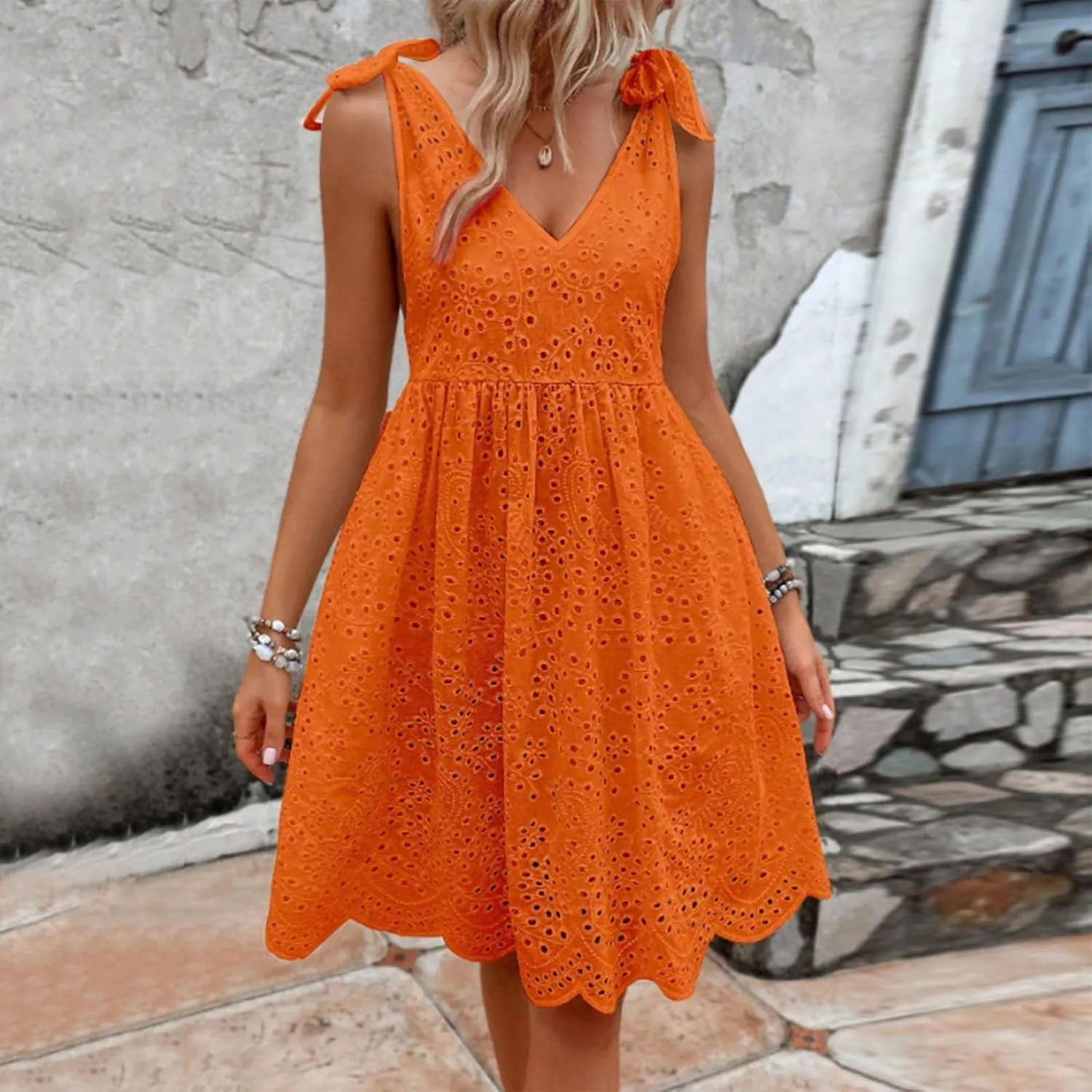Summer Dresses for Women Tie Front Smocked Dress Empire Waist Ruffle Tiered Sundress Casual Swing Mini Dresses