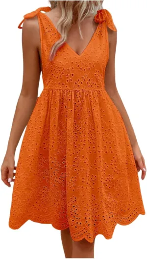 Summer Dresses for Women Tie Front Smocked Dress Empire Waist Ruffle Tiered Sundress Casual Swing Mini Dresses