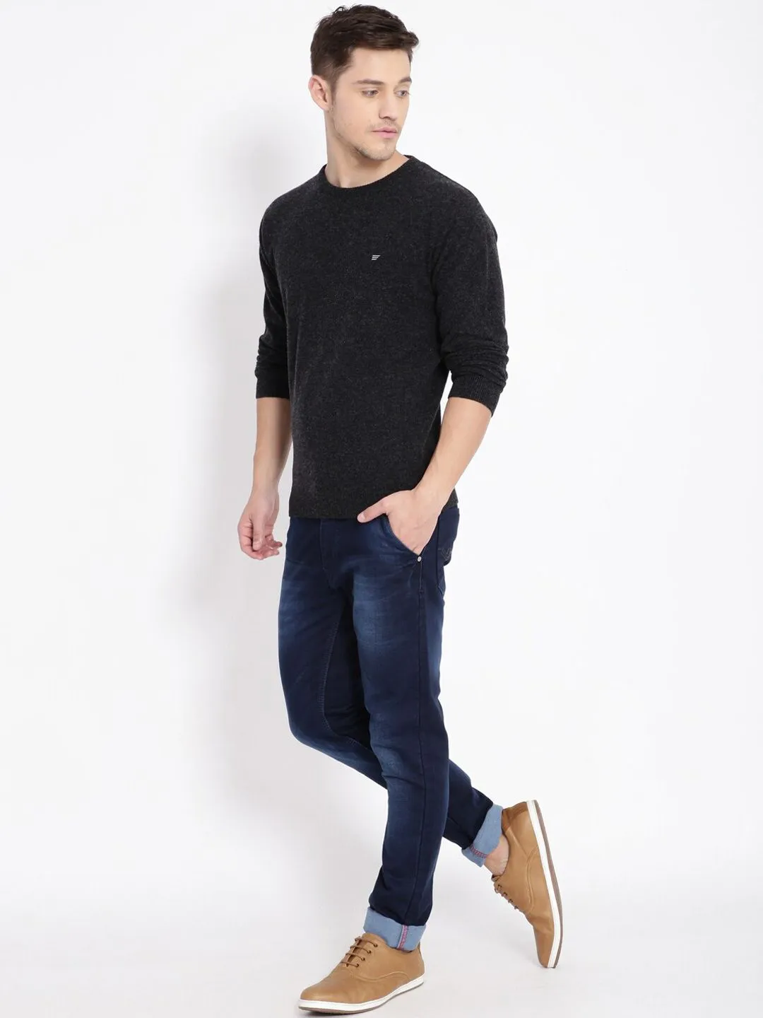 T-Base Men Black Solid Woolen Pullover Sweater