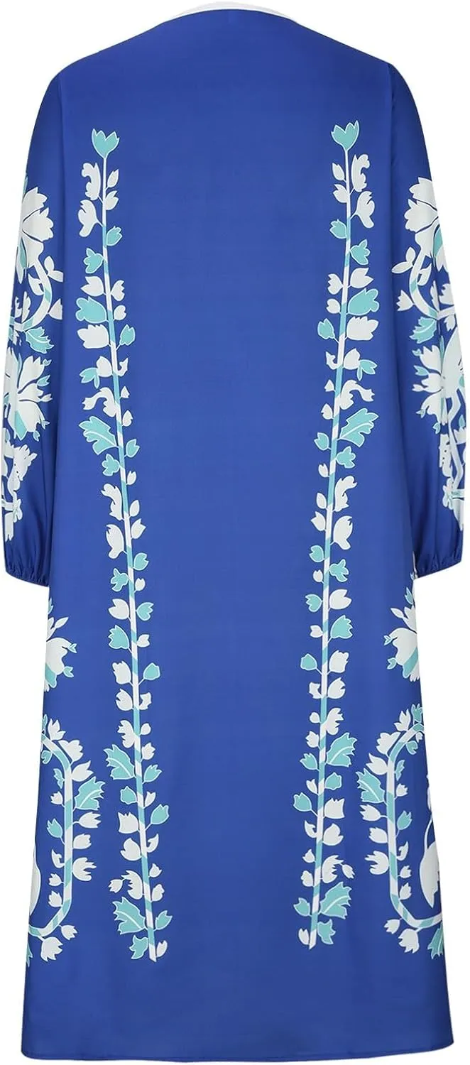 TANGNADE Women Boho Maxi Dresses V Neck Long Puff Sleeve Ruffle Casual Flowy Beach Vacation Flowy Long Dress