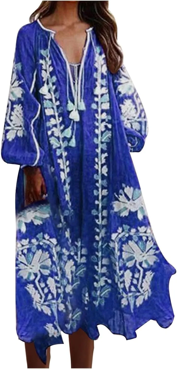 TANGNADE Women Boho Maxi Dresses V Neck Long Puff Sleeve Ruffle Casual Flowy Beach Vacation Flowy Long Dress