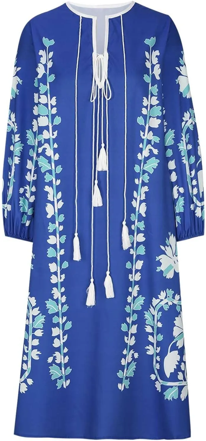 TANGNADE Women Boho Maxi Dresses V Neck Long Puff Sleeve Ruffle Casual Flowy Beach Vacation Flowy Long Dress