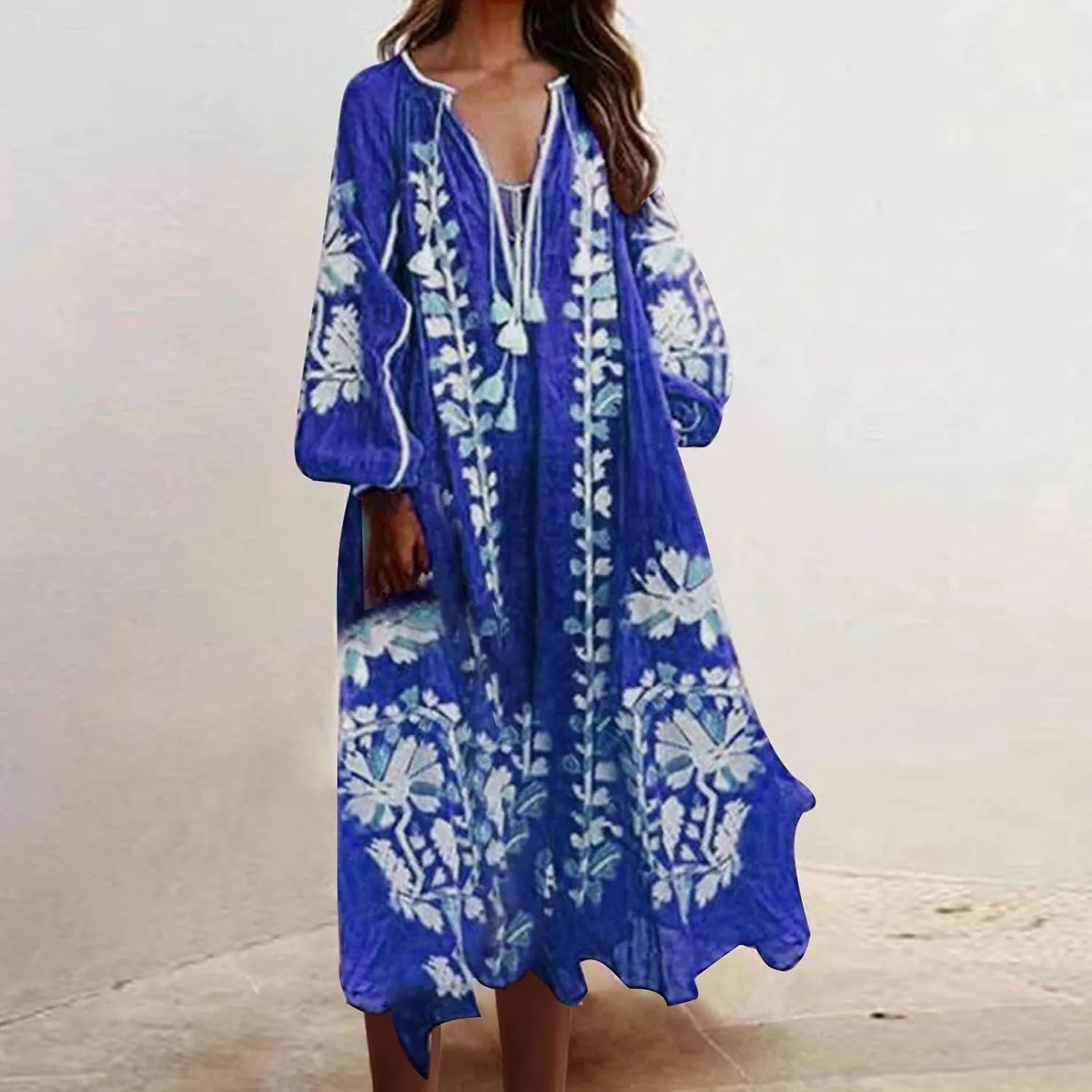 TANGNADE Women Boho Maxi Dresses V Neck Long Puff Sleeve Ruffle Casual Flowy Beach Vacation Flowy Long Dress