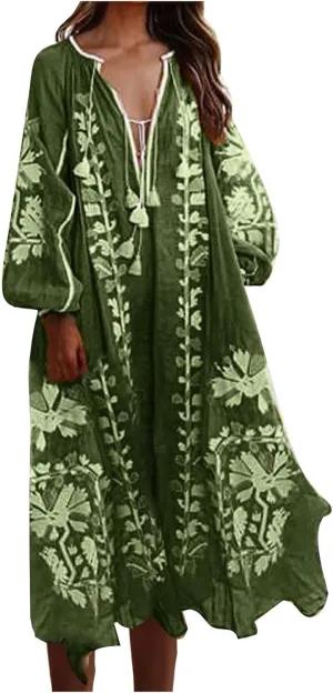 TANGNADE Women Boho Maxi Dresses V Neck Long Puff Sleeve Ruffle Casual Flowy Beach Vacation Flowy Long Dress