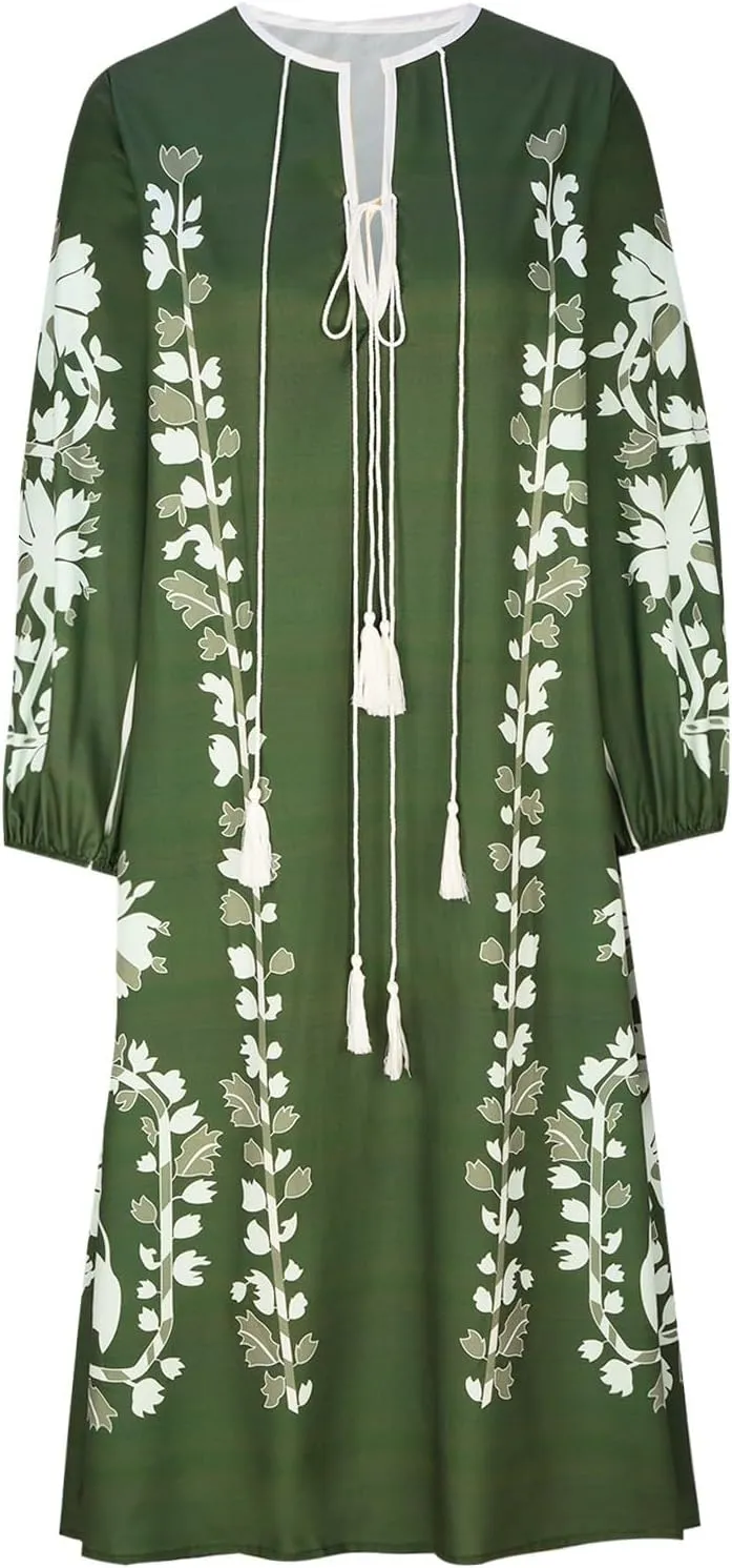 TANGNADE Women Boho Maxi Dresses V Neck Long Puff Sleeve Ruffle Casual Flowy Beach Vacation Flowy Long Dress