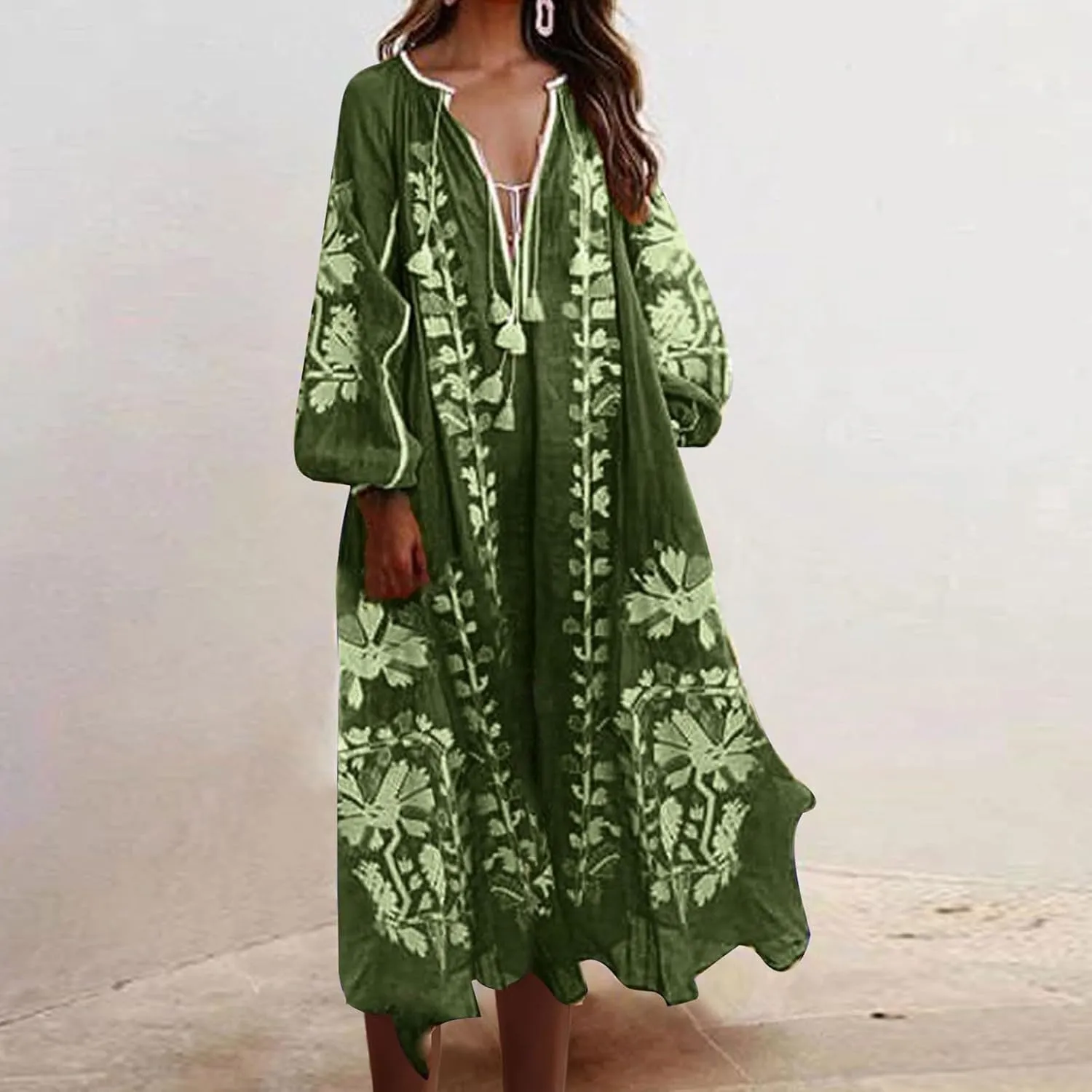 TANGNADE Women Boho Maxi Dresses V Neck Long Puff Sleeve Ruffle Casual Flowy Beach Vacation Flowy Long Dress
