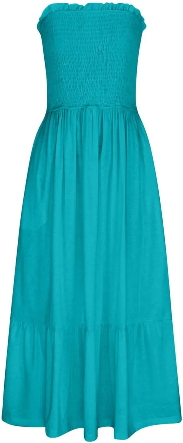 Tube Top Dress for Women Summer Solid Strapless Smocked Off Shoulder Boho Beach Dress Flowy Ruffle Long Maxi Dresses