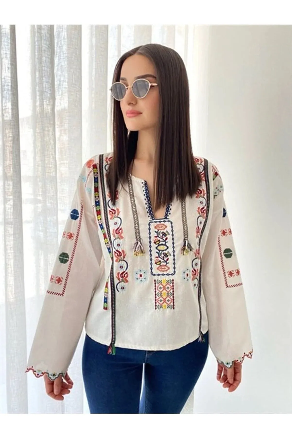White Ethnic Boho Embroidered Blouse