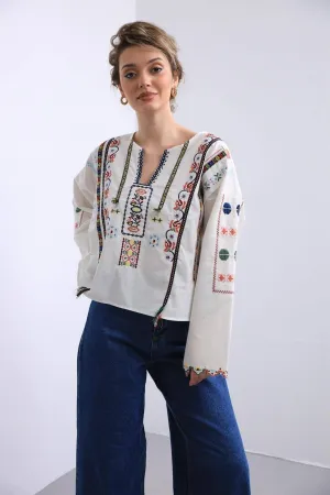 White Ethnic Boho Embroidered Blouse