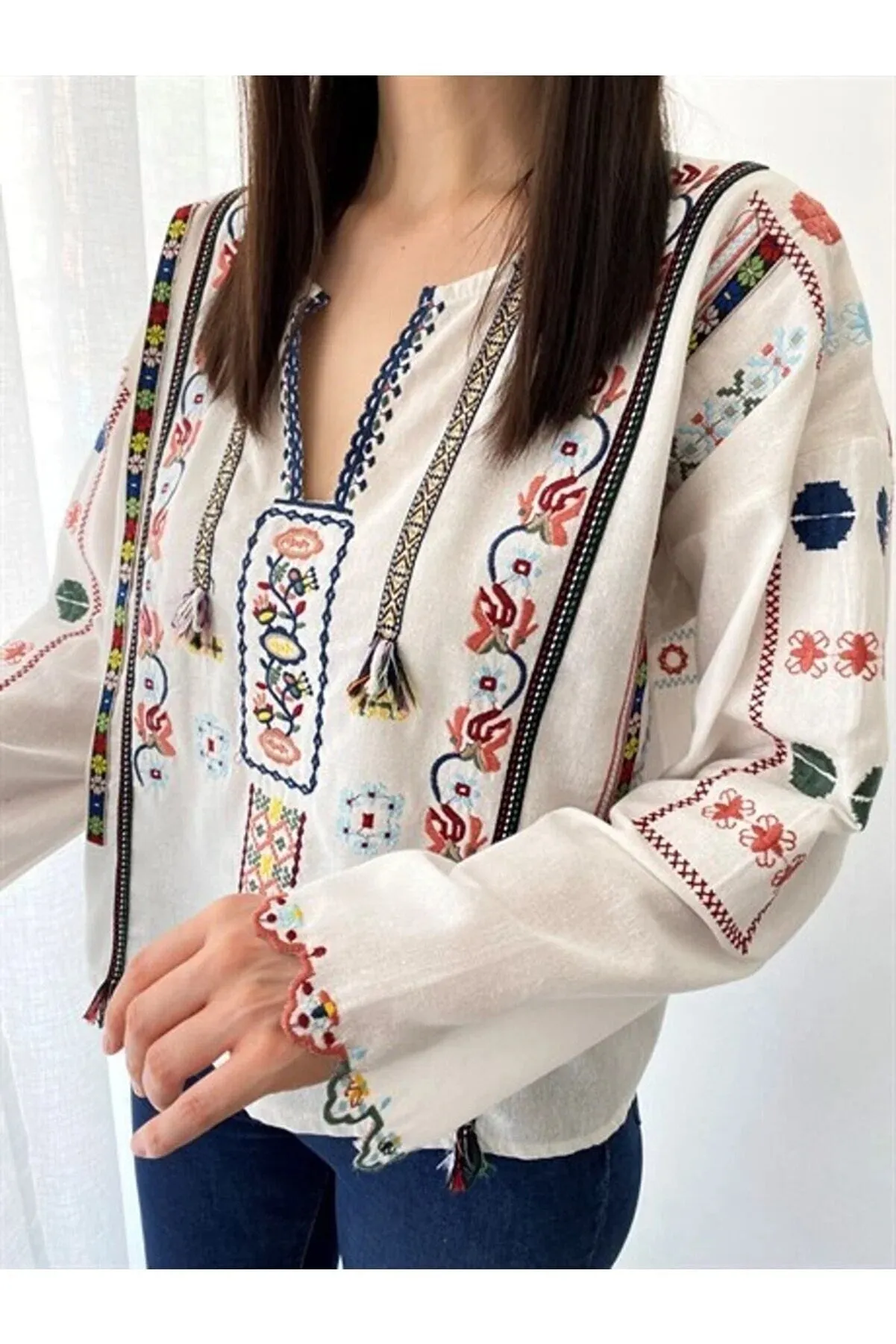 White Ethnic Boho Embroidered Blouse