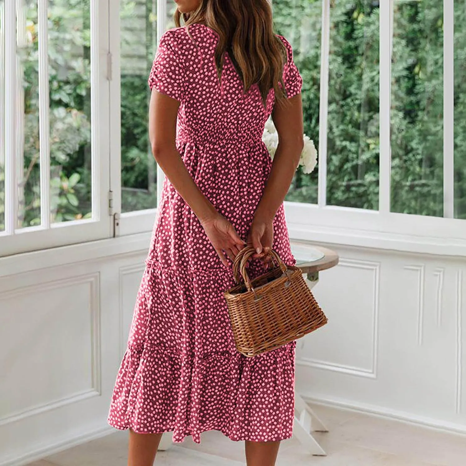 Women Boho Dress Summer Maxi Dress Polka Dot Sundress Short Sleeve A Line Tiered Dresses Flowy Beach Vacation Dress