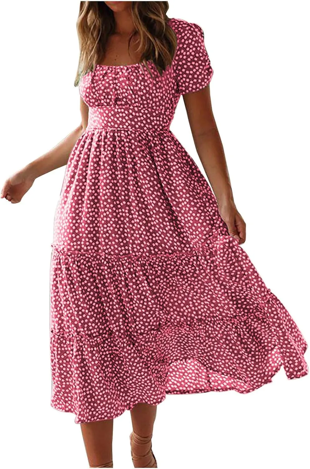 Women Boho Dress Summer Maxi Dress Polka Dot Sundress Short Sleeve A Line Tiered Dresses Flowy Beach Vacation Dress