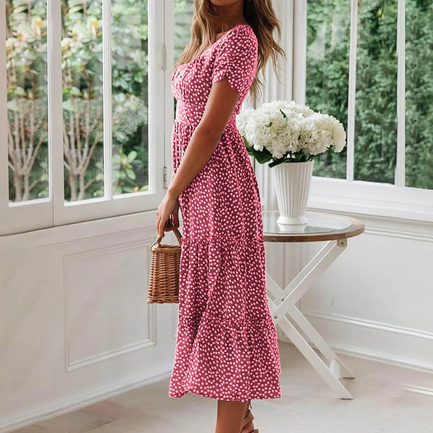 Women Boho Dress Summer Maxi Dress Polka Dot Sundress Short Sleeve A Line Tiered Dresses Flowy Beach Vacation Dress