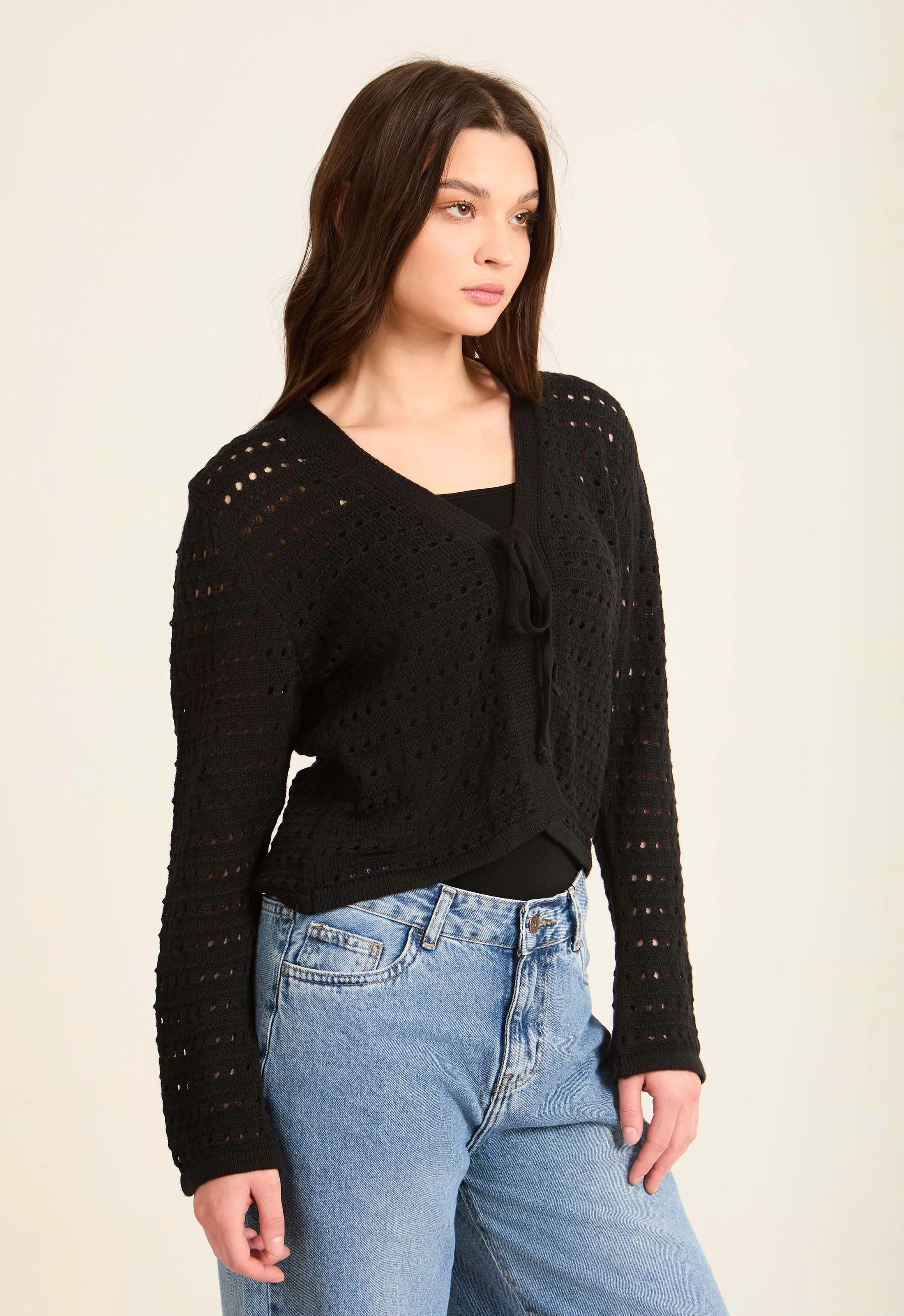 Women  Cardigan Crochet Cropped Blouses  Black
