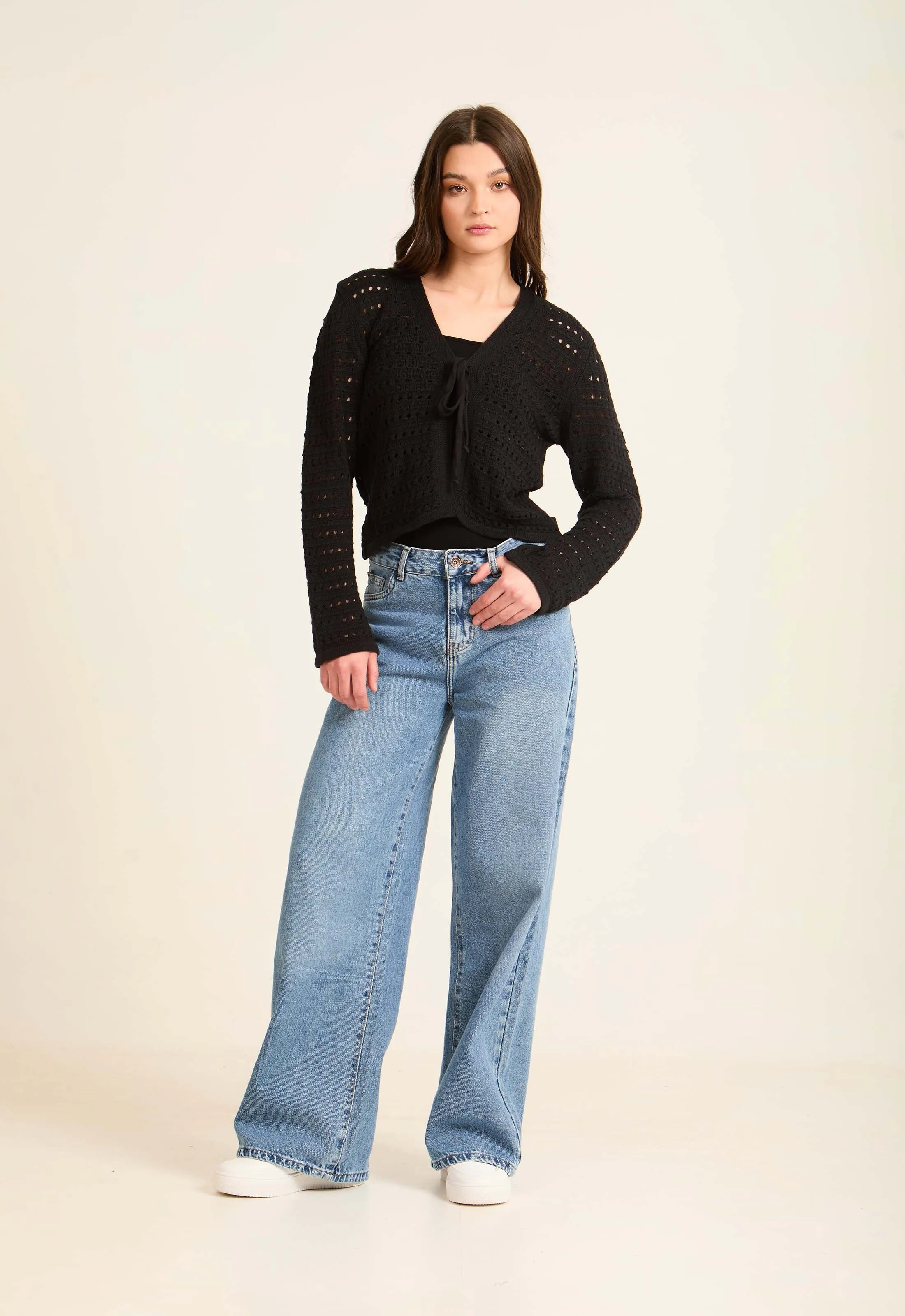 Women  Cardigan Crochet Cropped Blouses  Black