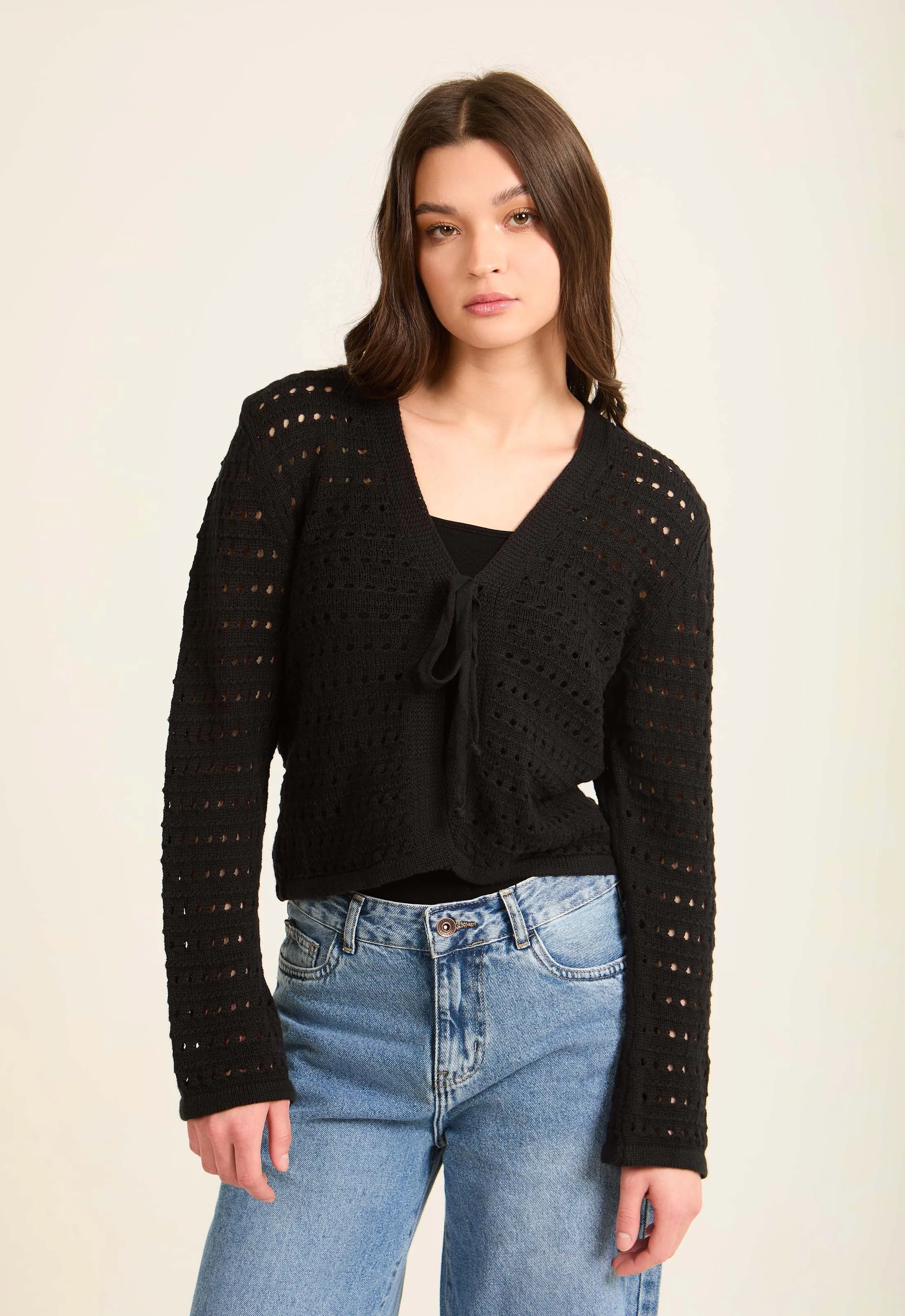 Women  Cardigan Crochet Cropped Blouses  Black