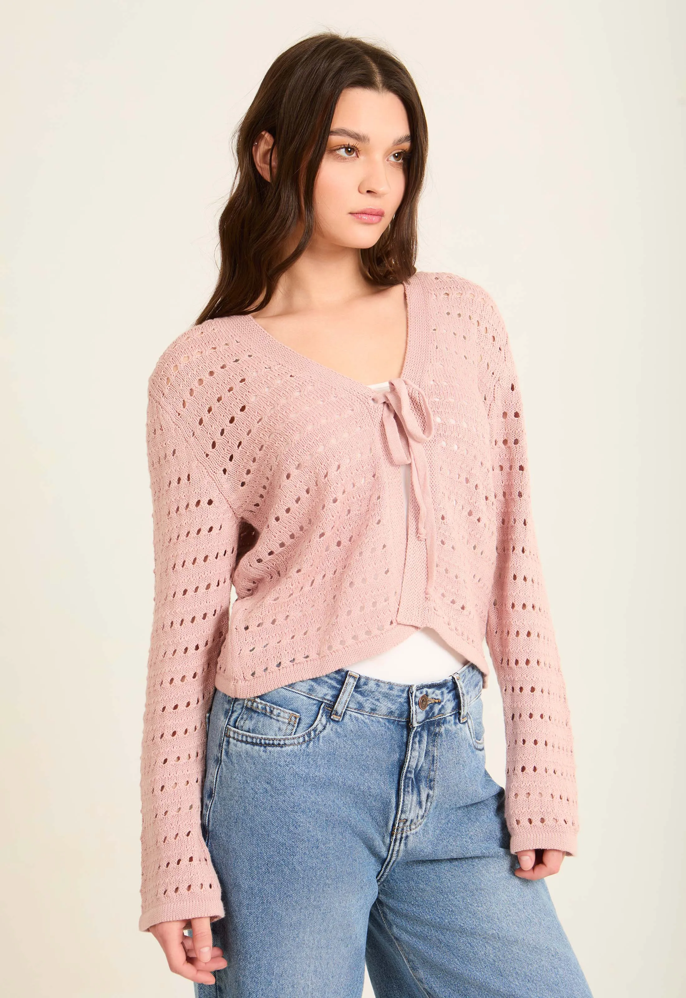 Women  Cardigan Crochet Cropped Blouses  Grey