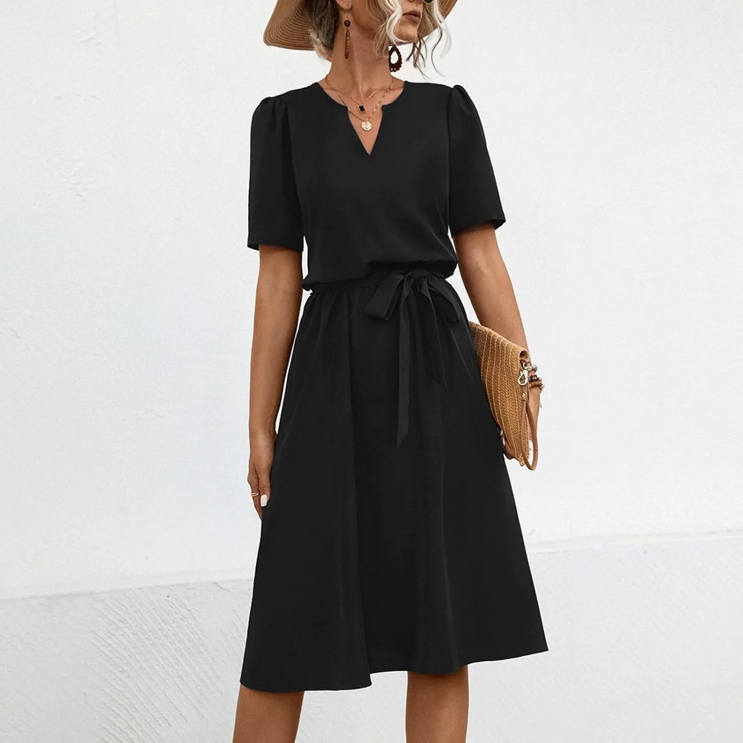 Women Casual Summer Flowy Midi Length Dresses Short Sleeve Tie Waist Pleated A-Line Swing Flowy Wedding Midi Dress